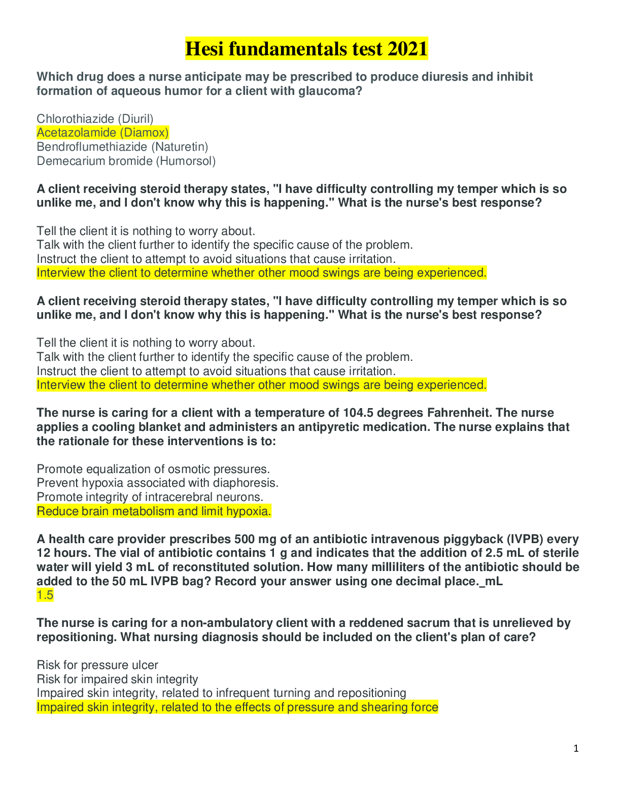 Preview image for Hesi fundamentals test 2021 | Already Graded A | Chamberlain College of Nursing